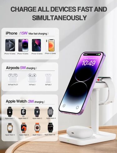 3 in 1 Wireless Charging Station Mag-Safe Wireless Charger for iPhone 16 15 14 13 12 Series, Wireless Charger for AirPods Pro 2 3 4, Wireless Charging for Apple iWatch Series Stand, White in Saudi Arabia