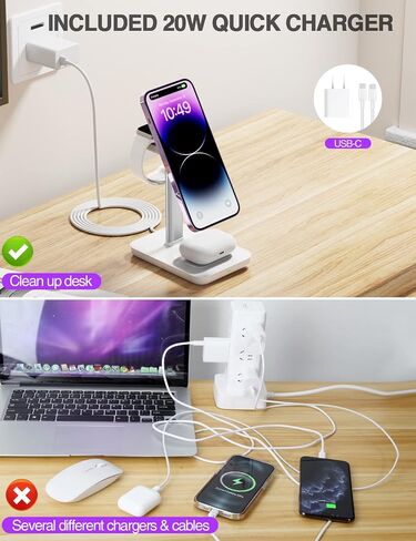 3 in 1 Wireless Charging Station Mag-Safe Wireless Charger for iPhone 16 15 14 13 12 Series, Wireless Charger for AirPods Pro 2 3 4, Wireless Charging for Apple iWatch Series Stand, White in Saudi Arabia