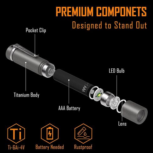 KeyUnity KF04 Mini LED Flashlight with AAA Battery & Pocket Clip - Super Bright Handheld Size Titanium EDC Keychain Penlight for Outdoor Camping, Hiking, Climbing in Kuwait