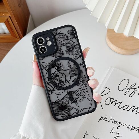 حافظة XIZYO لهاتف iPhone 12، حافظة هاتف لطيفة على شكل زهور وردية للنساء والفتيات بنمط جمالي مطبوع، حافظة نحيفة من مادة TPU حافظة واقية مضادة للصدمات لهاتف iPhone 12 6.1 بوصة، أسود in Kuwait
