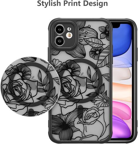 حافظة XIZYO لهاتف iPhone 12، حافظة هاتف لطيفة على شكل زهور وردية للنساء والفتيات بنمط جمالي مطبوع، حافظة نحيفة من مادة TPU حافظة واقية مضادة للصدمات لهاتف iPhone 12 6.1 بوصة، أسود in Kuwait