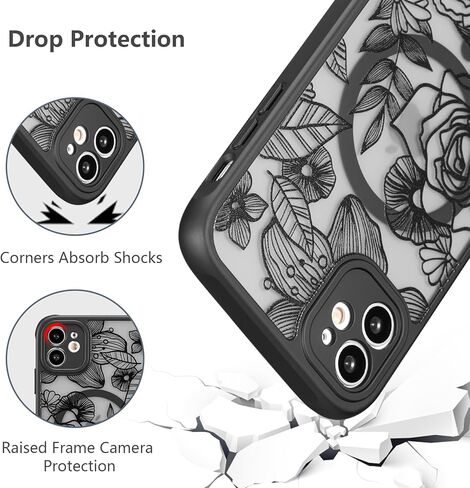 حافظة XIZYO لهاتف iPhone 12، حافظة هاتف لطيفة على شكل زهور وردية للنساء والفتيات بنمط جمالي مطبوع، حافظة نحيفة من مادة TPU حافظة واقية مضادة للصدمات لهاتف iPhone 12 6.1 بوصة، أسود in Kuwait