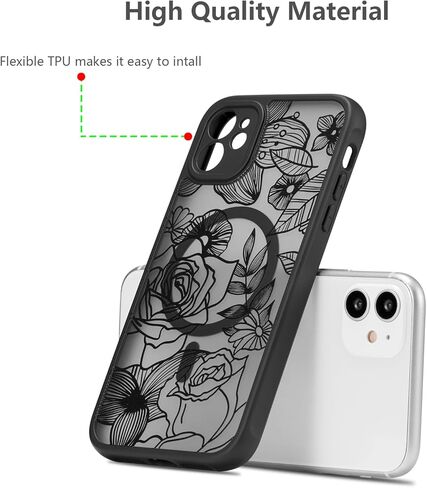 حافظة XIZYO لهاتف iPhone 12، حافظة هاتف لطيفة على شكل زهور وردية للنساء والفتيات بنمط جمالي مطبوع، حافظة نحيفة من مادة TPU حافظة واقية مضادة للصدمات لهاتف iPhone 12 6.1 بوصة، أسود in Kuwait