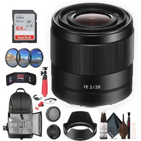Sony FE 28mm f/2 Lens + 64GB Memory Card + Filter Kit + Backpack + Flexible Tripod + Cap Keeper + Cleaning Kit + Card Wallet + Card Reader + Hand Grip Strap