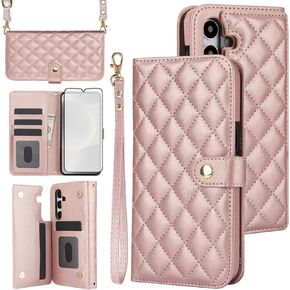 Asuwish Phone Case for Samsung Galaxy S24 Plus S24+ 5G Wallet Cover with Screen Protector and RFID Card Holder Slot Stand Wrist Strap Cell Accessories Mobile S24plus 24S + S 24 24+ Women Men Rose Gold