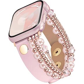 Beaded Bling Band Compatible Apple Watch Leather Bracelet Women,Jullstar Handmade Elastic Bead Pearl Sparkling Bangle for iphone Watch Series Ultra 9 8 7 SE 6 5 4 3 2 1,Leather iwatch Strap 38mm 40mm 41mm 42mm 44mm 45mm 49mm