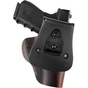 OWB Genuine Leather Gun Holster with Retention Strap Compatible with Glock 19/43/43X, Taurus G2C/G3C/G3, S&W M&P Shield, SCCY, Springfield XD/Hellcat, Sig P365/P320 and Similar Sized Guns