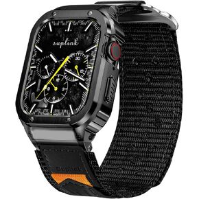 SUPLINK Stainless Steel Case&Nylon Band Compatible with Apple Watch Band 38mm 40mm 41mm 42mm 44mm 45mm 46mm 49mm,Rugged Metal Cover Adjustable Strap for iWatch Series 10 9 8 7 6 5 4 3 2 1 SE Ultra Men