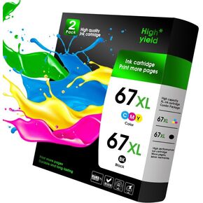 67XL Ink Cartridges Black and Color Combo Pack Replacement for HP 67 XL High Yield for Envy 6055 6052 6075 Envy Pro 6455e 6455 6475 6458 DeskJet 4155 2755e 2755 Printer (2 Pack)