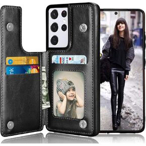 Tekcoo Galaxy S21 Ultra 5G Wallet Case, Minimalist Luxury PU Leather ID Cash Credit Card Holder Slots Magnetic Closure Kickstand Folio Flip Slim Protective Cover for Samsung S21 Ultra [Black]