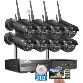 Hiseeu Wireless Security Camera Outdoor, 5MP WiFi Camera, 8-Camera Kit, Wireless Security Camera System [Plug-in Cable], 16CH Black Home Safety System, Motion, IP66, 3TB Storage, No Monthly Fees