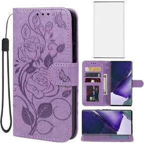 Case for Galaxy S22 Ultra/Samsung S22 Ultra 5G SM-S908U Wallet Case with Tempered Glass Screen Protector, Flower Leather Flip Credit Card Holder Stand Cover for Samsung Galaxy S22 Ultra Purple