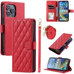 Argyle Wallet Case for iPhone 16 Pro Max 6.9 inch with Wrist Strap Shoulder Strap, Card Slots Folio Purse Luxury PU Leather Stand Cell Phone Cover for i Phone16 16Pro i16 ProMax 16ProMax Red