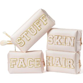 Y1tvei 4Pcs Preppy Patch Varsity Letter Makeup Bag Sewn with Pink Skin Hair Face Stuff Chenille Letter Cosmetic Toiletry Bag PU Leather Waterproof Portable Zipper Purse Travel Organizer for Women Girl