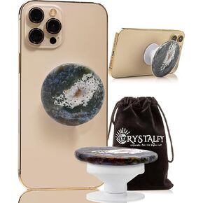 CRYSTALFY Rainbow Fluorite Gold Edge Genuine Crystal Phone Grip & Phone Stand: Authentic Natural Gemstone Swappable Top, Expandable Collapsible Holder for Smartphones and Tablets