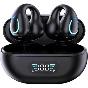 Open Ear Bone Conduction Headphones Wireless Earbuds Bluetooth 5.3 Clip On EarBuds with LED Display Charging Case 60 Hours Playtime Earphones IPX7 Waterproof for Running Walking, Workout（Black）