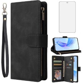 Asuwish Compatible with Huawei Honor X50i/90 Lite Wallet Case Tempered Glass Screen Protector and Leather Flip Cover Card Holder Cell Accessories TPU Phone Cases for Hawaii X50 90Lite Women Men Black