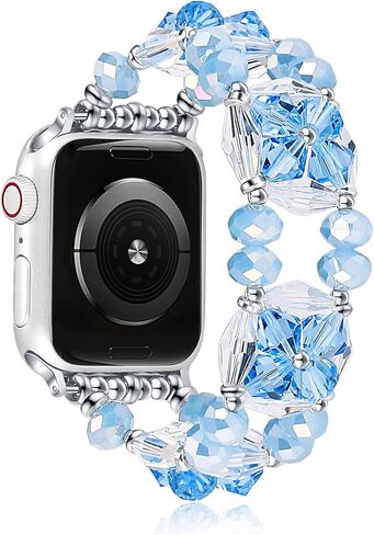 Beaded Bling Band Compatible Apple Watch Leather Bracelet Women,Jullstar Handmade Elastic Bead Pearl Sparkling Bangle for iphone Watch Series Ultra 9 8 7 SE 6 5 4 3 2 1,Leather iwatch Strap 38mm 40mm 41mm 42mm 44mm 45mm 49mm in Saudi Arabia
