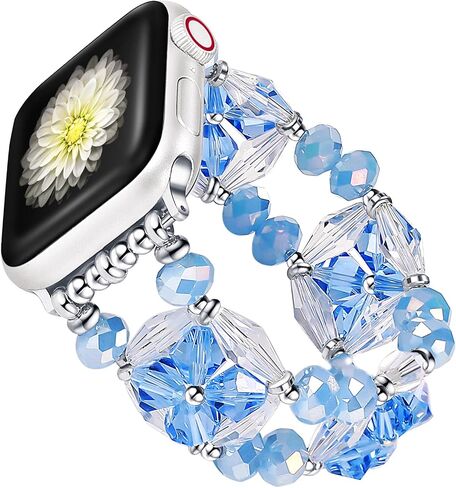 Beaded Bling Band Compatible Apple Watch Leather Bracelet Women,Jullstar Handmade Elastic Bead Pearl Sparkling Bangle for iphone Watch Series Ultra 9 8 7 SE 6 5 4 3 2 1,Leather iwatch Strap 38mm 40mm 41mm 42mm 44mm 45mm 49mm in Saudi Arabia