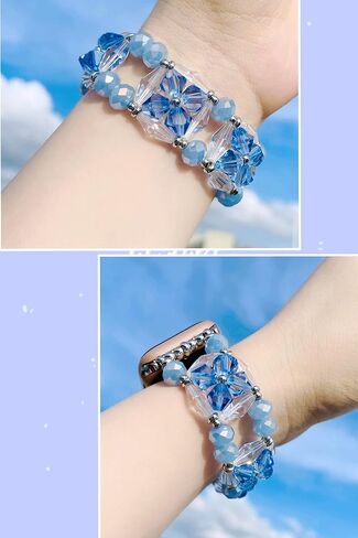 Beaded Bling Band Compatible Apple Watch Leather Bracelet Women,Jullstar Handmade Elastic Bead Pearl Sparkling Bangle for iphone Watch Series Ultra 9 8 7 SE 6 5 4 3 2 1,Leather iwatch Strap 38mm 40mm 41mm 42mm 44mm 45mm 49mm in Saudi Arabia