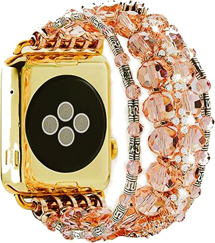 Beaded Bling Band Compatible Apple Watch Leather Bracelet Women,Jullstar Handmade Elastic Bead Pearl Sparkling Bangle for iphone Watch Series Ultra 9 8 7 SE 6 5 4 3 2 1,Leather iwatch Strap 38mm 40mm 41mm 42mm 44mm 45mm 49mm in Kuwait