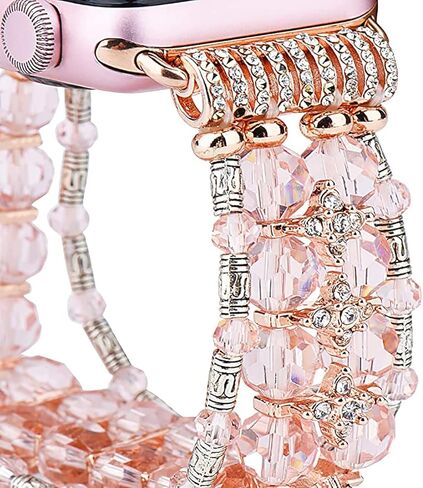 Beaded Bling Band Compatible Apple Watch Leather Bracelet Women,Jullstar Handmade Elastic Bead Pearl Sparkling Bangle for iphone Watch Series Ultra 9 8 7 SE 6 5 4 3 2 1,Leather iwatch Strap 38mm 40mm 41mm 42mm 44mm 45mm 49mm in Kuwait