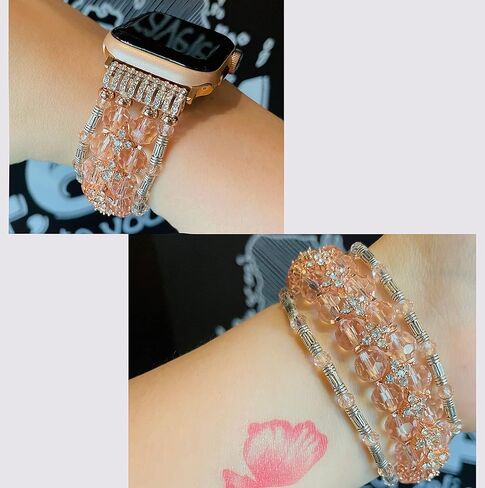 Beaded Bling Band Compatible Apple Watch Leather Bracelet Women,Jullstar Handmade Elastic Bead Pearl Sparkling Bangle for iphone Watch Series Ultra 9 8 7 SE 6 5 4 3 2 1,Leather iwatch Strap 38mm 40mm 41mm 42mm 44mm 45mm 49mm in Kuwait