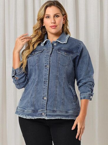 Agnes Orinda Plus Size Denim Jackets for Women Frayed Hem Classic Washed Jean Jacket in Saudi Arabia