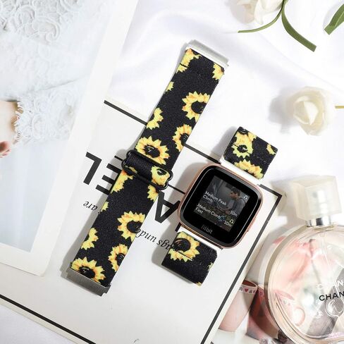 حزام ساعة مرن قابل للتعديل متوافق مع Fitbit Versa/Versa 2/Versa Lite إصدار خاص للنساء والرجال من النايلون بحزام معصم قابل للتمدد لساعة Fitbit Versa الذكية (زهرة الشمس السوداء) in Kuwait