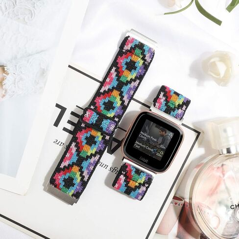 حزام ساعة مرن قابل للتعديل متوافق مع Fitbit Versa/Versa 2/Versa Lite إصدار خاص للنساء والرجال من النايلون بحزام معصم قابل للتمدد لساعة Fitbit Versa الذكية (زهرة الشمس السوداء) in Kuwait