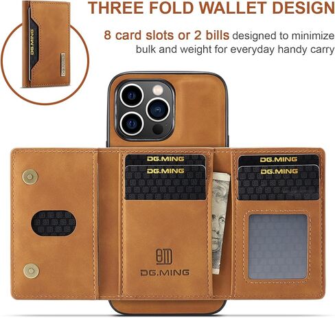 حافظة محفظة متوافقة مع هاتف iPhone 15 Pro، DG.MING حافظة هاتف جلدية فاخرة غطاء خلفي مغناطيسي قابل للفصل مع جيب حامل بطاقات ثلاثي الطي لهاتف iPhone 15 Pro (قهوة) in Kuwait