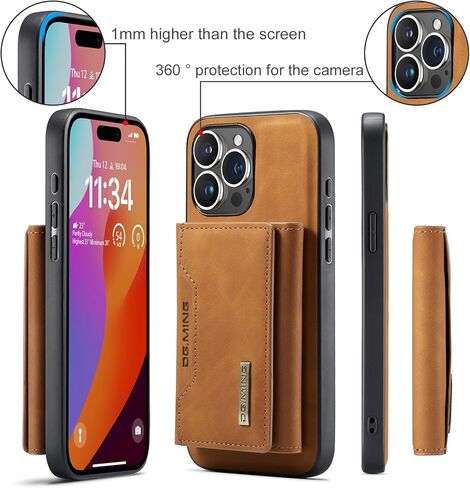 حافظة محفظة متوافقة مع هاتف iPhone 15 Pro، DG.MING حافظة هاتف جلدية فاخرة غطاء خلفي مغناطيسي قابل للفصل مع جيب حامل بطاقات ثلاثي الطي لهاتف iPhone 15 Pro (قهوة) in Kuwait