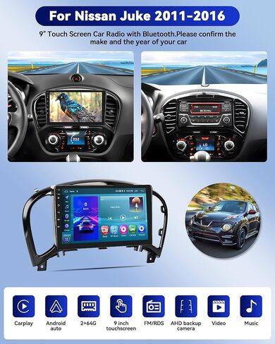 راديو سيارة CamECHO 2+64G Android 13 لسيارة Nissan Juke 2011-2016، Carplay لاسلكي/Android Auto 9 بوصة IPS شاشة تعمل باللمس ستيريو سيارة مع بلوتوث/GPS Navi WiFi + كاميرا احتياطية AHD + ميكروفون in Saudi Arabia