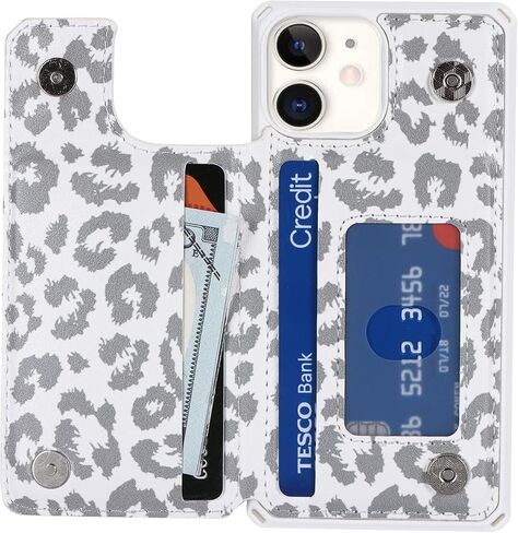 Cavor for iPhone 12 Mini Wallet Case with Card Holder,iPhone 12 Mini Case for Women Men,Phone Case iPhone 12 Mini Cases with Stand and Strap,Leopard Grain Shockproof Protective Cover-White in Kuwait