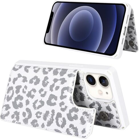 Cavor for iPhone 12 Mini Wallet Case with Card Holder,iPhone 12 Mini Case for Women Men,Phone Case iPhone 12 Mini Cases with Stand and Strap,Leopard Grain Shockproof Protective Cover-White in Kuwait