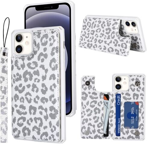 Cavor for iPhone 12 Mini Wallet Case with Card Holder,iPhone 12 Mini Case for Women Men,Phone Case iPhone 12 Mini Cases with Stand and Strap,Leopard Grain Shockproof Protective Cover-White in Kuwait
