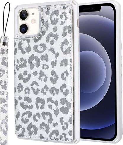 Cavor for iPhone 12 Mini Wallet Case with Card Holder,iPhone 12 Mini Case for Women Men,Phone Case iPhone 12 Mini Cases with Stand and Strap,Leopard Grain Shockproof Protective Cover-White in Kuwait