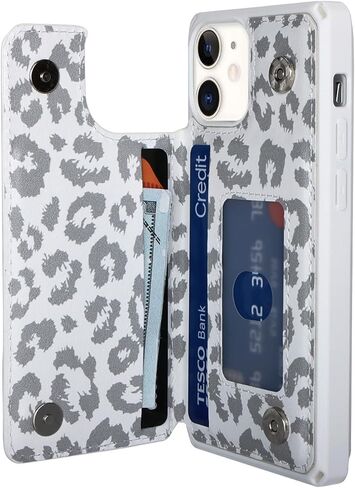 Cavor for iPhone 12 Mini Wallet Case with Card Holder,iPhone 12 Mini Case for Women Men,Phone Case iPhone 12 Mini Cases with Stand and Strap,Leopard Grain Shockproof Protective Cover-White in Kuwait