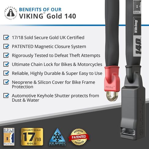 Seatylock Viking Bike Lock Chain with Key - Patented Bike Locks Anti Theft Sold Secure Silver - Ultra Security Bicycle Lock - Bike Chain Lock for Mountain City or Electric Bikes (35.5 Inch) in Saudi Arabia