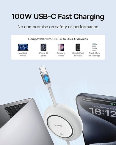 كابل Baseus USB C، PD 100W 6.6ft كابل شحن سريع USB C إلى USB C قابل للسحب، كابل شاحن قابل للسحب بطول 7 مراحل مسبقًا لهاتف iPhone 16 15 Pro Plus Pro Max وMacBook وiPad Pro وSamsung S24/S23 in Kuwait