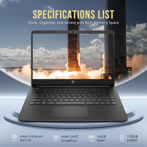 HP Stream 14" HD BrightView Laptop, Intel Celeron N4120, 16GB RAM, 256GB Storage (128GB eMMC + 128GB USB Card), Intel UHD Graphics, HD Camera, Fast Charge, 1 Year Office 365, Win 11 S, Black in Saudi Arabia