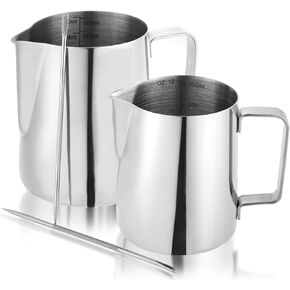 Nicunom 2 Pack Milk Frothing Pitcher, 12oz & 20oz Espresso Steaming Pitcher, Stainless Steel Milk Frother Steamer Cup, Perfect for Espresso Coffee Cappuccino Latte Art, Tick Mark Inside