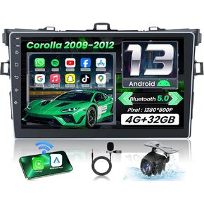 Car Radio Stereo for Corolla 2009 2010 2011 2012 4G+32G : Android 13 Bluetooth 5.0 1280x800 Resolution Car Screen with 5G-WiFi GPS Navigation - CarPlay Android Auto Support