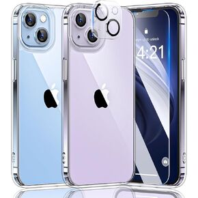 5 in 1 for iPhone 14 Case Crystal Clear with 2X Screen Protector + 2X Camera Lens Protector [Not-Yellowing & Military Grade Drop Protection] Slim Protective Phone Case for iPhone 14 6.1''