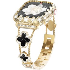 WINGLE for Apple Watch Bands Women 40mm 41mm 44mm 45mm with Bling Apple Watch Case Lace Edge Screen Protector, Sparkle Diamond Bracelet Cute 4 Leaf Clover Dressy iWatch Band Series 9 8 7 6 5 4 3 2 SE