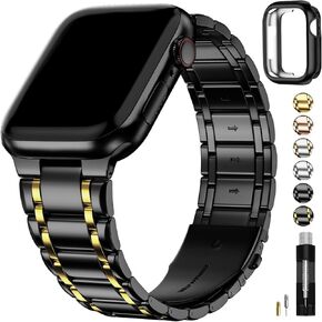 Fullmosa Metal Bands Compatible Apple Watch Band 41mm 40mm 38mm 49mm 45mm 44mm 42mm, Stainless Steel iWatch Band with Case for Apple Watch Series Ultra 9 8 7 6 5 4 3 2 1 SE,38mm 40mm 41mm Black