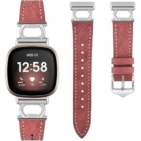 Leather Bands Compatible with Fitbit Versa 4/Versa 3/Fitbit Sense 2/Sense Band Women, Slim Thin Dressy Watch Strap with Bling Butterfly Metal Buckle for Versa 3 4 Sense 2 Smartwatch