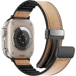 Magnetic Leather Band Compatible with Apple Watch S10 42mm 46mm/ Ultra2 49mm for Men Women, Soft Silicone Patchwork Leather Strap Replacement for Apple Watch Ultra Series 9/8/7/6/5/4/3/2/1/SE/SE2