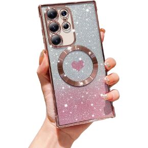 FABSPARK for Samsung Galaxy S24 Phone Case,Compatible with Magsafe,Magnetic Plating Glitter Gradient Cute Heart Clear Case,Camera Protection Case for Samsung Galaxy S24 6.1 Inch -Pink
