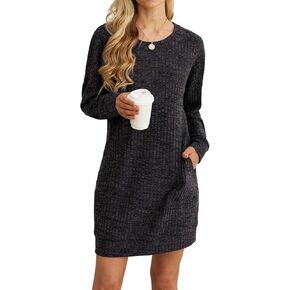 PrinStory Women's Long Sleeves Dresses Causal Loose Round-Neck Tuinc Tops Basic Dress with Side Pockets